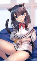 Rule 34 | 10s, 1girl, animal ear fluff, animal ears, artist name, black hair, blue eyes, blurry, blurry background, blush, bow, bowtie, breasts, cardigan, cat ears, cat tail, gridman universe, highres, kemonomimi mode, legs, looking at viewer, medium breasts, open mouth, red bow, red bowtie, scrunchie, shirt, short hair, sitting, solo, ssss.gridman, tail, takarada rikka, usagihime, white cardigan, white shirt, wrist scrunchie