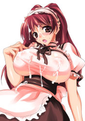 Rule 34 | 00s, 1girl, blush, breasts, brown eyes, bukkake, covered erect nipples, cum, cum on clothes, cum on hair, facial, huge breasts, kousaka tamaki, long hair, maid, open mouth, red hair, sanshoku amido, solo, to heart (series), to heart 2