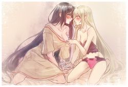 Rule 34 | 2girls, arm support, bare arms, bare legs, bare shoulders, bed, black hair, black tube top, blonde hair, blush, breasts, cleavage, clothes pull, collarbone, couple, elf, eye contact, face-to-face, female focus, green eyes, half-closed eyes, legs, long hair, looking at another, magilou (tales), medium breasts, midriff, multiple girls, naked shirt, neck, off shoulder, panties, pink panties, pointy ears, pulling, seiza, shirt, shirt pull, sitting, small breasts, strapless, tales of (series), tales of berseria, thighhighs, tube top, tube top, tusia, underwear, velvet crowe, very long hair, yuri