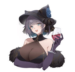 Rule 34 | 1girl, animal ears, arm under breasts, azur lane, bare shoulders, black dress, black hat, black ribbon, blunt bangs, bodystocking, breasts, bright pupils, cheshire (azur lane), cheshire (cait sith crooner) (azur lane), collarbone, commentary, cropped torso, cup, dress, drinking glass, elbow gloves, fake animal ears, fang, flower, gloves, hand up, hat, hat flower, hat ribbon, highres, holding, holding cup, large breasts, looking at viewer, multicolored hair, official alternate costume, open mouth, ribbon, rose, shibuya (kurokamishain), skin fang, skindentation, smile, solo, streaked hair, upper body, white pupils, wine glass