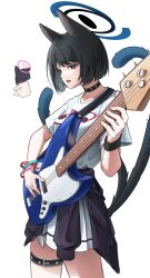 Rule 34 | 2girls, absurdres, animal ears, ass, black collar, black jacket, blue archive, breasts, cat ears, cat girl, cat tail, clothes around waist, collar, commentary request, electric guitar, fender stratocaster, grey eyes, guitar, halo, highres, holding, holding instrument, instrument, jacket, jacket around waist, kazusa (blue archive), kikyou (blue archive), knees up, medium breasts, multicolored hair, multiple girls, multiple tails, nude, open mouth, pink hair, pleated skirt, samgong, shirt, short hair, short sleeves, simple background, sitting, skirt, solo focus, streaked hair, tail, two tails, white background, white shirt, white skirt