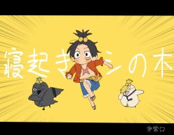 3boys animal bandana bird black_hair blonde_hair blue_shorts chicken curly_eyebrows feichangkou full_body green_hair letterboxed male_focus monkey_d._luffy motion_lines multiple_boys necktie neoki_yashi_no_ki_(vocaloid) one_eye_closed one_piece open_clothes open_shirt roronoa_zoro running sanji_(one_piece) scar scar_on_chest scar_on_face shorts stitched_torso stitches v-shaped_eyebrows yellow_background