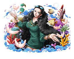 Rule 34 | 1girl, :d, black hair, blue eyes, bodskih, bracelet, breasts, collarbone, cowboy shot, dress, eyewear on head, fish, green dress, hana hana no mi, jewelry, large breasts, long hair, looking up, necklace, nico robin, one piece, one piece treasure cruise, open mouth, smile, solo, standing, striped clothes, striped dress, transparent background, vertical-striped clothes, vertical-striped dress, water