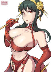 Rule 34 | 1girl, black hair, breasts, cleavage, dagger, earrings, elbow gloves, gloves, gold earrings, gold hairband, hairband, holding, holding dagger, holding knife, holding weapon, jewelry, knife, large breasts, navel, o-ring, o-ring top, pelvic curtain, red eyes, red gloves, redjet, solo, spy x family, stiletto (weapon), weapon, yor briar