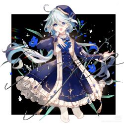 Rule 34 | 1girl, ahoge, ascot, beret, blue ascot, blue dress, blue eyes, blue gemstone, blue hair, blue hat, brooch, dress, frilled dress, frills, furina (genshin impact), gem, genshin impact, gold trim, hand on own chest, hat, highres, jewelry, juliet sleeves, long hair, long sleeves, looking at viewer, multicolored hair, olivier42118278, puffy sleeves, sample watermark, solo, streaked hair, very long hair, watermark, white hair