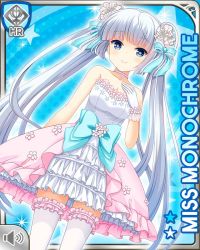 Rule 34 | 1girl, blue background, blue bow, blue eyes, blunt bangs, bow, card, character name, closed mouth, dress, evening gown, girlfriend (kari), hair bow, miss monochrome, miss monochrome (character), official art, qp:flapper, smile, solo, tagme, twintails, white dress, white footwear, white hair