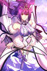Rule 34 | 1girl, bare shoulders, boots, breasts, capelet, detached sleeves, dress, fate/grand order, fate (series), forehead jewel, fur trim, hair between eyes, hair ribbon, high heel boots, high heels, highres, large breasts, long hair, looking at viewer, ponytail, purple dress, purple hair, purple ribbon, red eyes, ribbon, scathach (fate), scathach skadi (fate), scathach skadi (third ascension) (fate), shigure s, smile, solo, thigh boots, thighhighs, tiara, wand