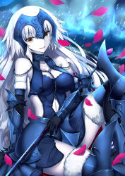 Rule 34 | 1girl, armor, armored dress, bare shoulders, black gloves, breasts, cleavage, fate/grand order, fate (series), fur trim, gauntlets, gloves, headpiece, jeanne d&#039;arc (fate), jeanne d&#039;arc alter (avenger) (fate), jeanne d&#039;arc alter (avenger) (third ascension) (fate), jeanne d&#039;arc alter (fate), light smile, long hair, looking at viewer, medium breasts, navel, pale skin, petals, rong yi tan, solo, staff, white hair, yellow eyes