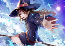 Rule 34 | 1girl, belt, blue hat, blue robe, breasts, broom, broom riding, brown hair, dress, hat, highres, holding, holding staff, hood, hood down, kagari atsuko, lens flare, light particles, little witch academia, long hair, looking at viewer, open mouth, outstretched arm, outstretched hand, red eyes, robe, sky, smile, solo, staff, vardan, witch, witch hat
