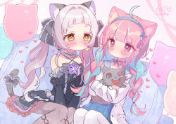 Rule 34 | 2girls, ahoge, ame usako, animal, animal ear fluff, animal ears, animal hug, bare shoulders, black bow, black dress, black sleeves, blue hair, blue hairband, blue sailor collar, blue skirt, blush, bow, braid, breasts, brown eyes, brown legwear, cat, cat ears, cat girl, cat tail, closed mouth, commentary request, criss-cross halter, detached sleeves, dress, dutch angle, feet out of frame, frilled bow, frilled dress, frilled sailor collar, frills, grey hair, hairband, halterneck, heart, hololive, jacket, juliet sleeves, long hair, long sleeves, medium breasts, minato aqua, multicolored hair, multiple girls, murasaki shion, neko (minato aqua), open clothes, open jacket, pantyhose, pink hair, pleated skirt, puffy sleeves, purple eyes, sailor collar, shirt, sitting, skirt, sleeves past wrists, tail, tail bow, tail ornament, twin braids, twintails, two-tone hair, very long hair, virtual youtuber, white jacket, white legwear, white shirt
