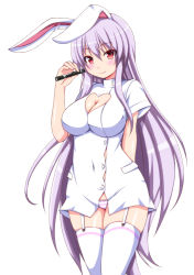 Rule 34 | 1girl, animal ears, blush, breasts, cleavage, cleavage cutout, clothing cutout, ebi 193, female focus, flashlight, garter straps, large breasts, long hair, marisa to alice no cookie storia, nurse, panties, pantyshot, pink panties, purple hair, rabbit ears, red eyes, reisen udongein inaba, short sleeves, smile, solo, standing, striped clothes, striped panties, thighhighs, touhou, underwear, very long hair, white thighhighs
