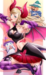 Rule 34 | 1girl, :3, alternate costume, alternate hairstyle, bare shoulders, blonde hair, blue eyes, breasts, cat, cat tail, cleavage, cleavage cutout, clothing cutout, commentary request, demon girl, demon horns, demon tail, demon wings, elbow gloves, fake horns, fake tail, fake wings, fangs, fingerless gloves, fingernails, floating hair, ghost costume, gloves, halloween costume, hat, heart, heart-shaped pupils, heart cutout, highres, horns, lips, long hair, looking at viewer, masatoshi 1219, medium breasts, midriff, morgana (persona 5), navel, open mouth, persona, persona 5, pink lips, pink nails, purple gloves, purple thighhighs, pyro jack, red horns, red skirt, skirt, standing, standing on one leg, striped clothes, striped thighhighs, symbol-shaped pupils, tail, takamaki anne, tattoo, thighhighs, tongue, tongue out, wings, witch, witch hat
