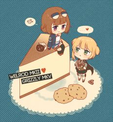 Rule 34 | 2girls, black skirt, blonde hair, blush, brown hair, character name, closed mouth, commentary, cookie, expressionless, eyewear on head, food, full body, girls&#039; frontline, green eyes, grizzly mkv (girls&#039; frontline), heart, holding, holster, jacket, multiple girls, napkin, necktie, shirt, short hair, shorts, silence girl, sitting, sitting on object, skirt, smile, speech bubble, standing, sunglasses, sunglasses on head, thighhighs, twintails, welrod mkii (girls&#039; frontline)