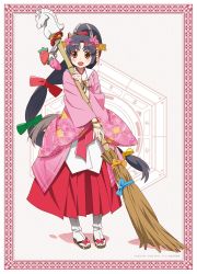 Rule 34 | 10s, animal ears, bangle, black hair, bow, bracelet, broom, chess piece, etotama, floral print, flower, hair bow, hair flower, hair ornament, highres, horseshoe, jewelry, koike satoshi, long hair, looking at viewer, non-web source, open mouth, ponytail, solo, stuffed toy, uma-tan, very long hair, yellow eyes