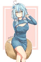 Rule 34 | 1girl, absurdres, ahoge, alternate costume, blue hair, blue nails, blue sweater, blush, breasts, cleavage, cleavage cutout, closed mouth, clothing cutout, commentary, cowboy shot, crossed legs, flower, fuusuke (fusuke208), hair between eyes, hair flower, hair ornament, heart, heart ahoge, highres, hololive, large breasts, light blue hair, long hair, looking at viewer, meme attire, multicolored hair, nail polish, open-chest sweater, outline, pink background, pink hair, pointy ears, simple background, sitting, smile, solo, streaked hair, sweater, thighs, twintails, twitter username, virtual youtuber, yellow eyes, yukihana lamy
