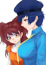 Rule 34 | 2girls, absurdres, artist name, blue hair, blue hat, blue shirt, blush, breast envy, breasts, brown eyes, brown hair, cabbie hat, closed mouth, collared shirt, commentary, earrings, english commentary, grey eyes, hair between eyes, hat, highres, jewelry, kujikawa rise, large breasts, lips, long sleeves, looking at another, multiple girls, n7grey, necktie, orange shirt, persona, persona 4, shirogane naoto, shirt, short hair, sidelocks, simple background, small breasts, stud earrings, sweatdrop, tomboy, twintails, twitter username, upper body, white background, white shirt, wide-eyed, yellow necktie
