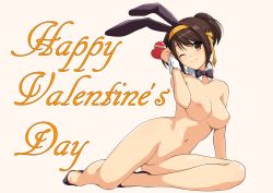 Rule 34 | 1girl, ;), animal ears, arm support, black bow, bow, box, breasts, brown eyes, brown hair, censored, closed mouth, detached collar, full body, hair ribbon, hairband, happy valentine, haruhisky, head tilt, heart-shaped box, highres, holding, holding box, looking at viewer, md5 mismatch, medium breasts, mosaic censoring, nipples, nude, one eye closed, ponytail, pussy, rabbit ears, rabbit girl, reclining, resolution mismatch, ribbon, shiny skin, simple background, smile, solo, source smaller, suzumiya haruhi, suzumiya haruhi no yuuutsu, wrist cuffs, yellow background, yellow hairband, yellow ribbon