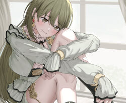 Rule 34 | 1girl, absurdres, blush, commentary, earrings, green eyes, green hair, green jacket, green shorts, head tilt, highres, idolmaster, idolmaster shiny colors, jacket, jewelry, long hair, nanakusa nichika, open clothes, open jacket, shorts, sitting, sleeves past fingers, sleeves past wrists, smile, solo, take978733141, very long hair