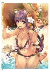 Rule 34 | 1girl, absurdres, animal ears, ankleband, bare shoulders, barefoot, beach, bikini, blush, breasts, cat ears, cat tail, cleavage, collarbone, day, fingernails, flower, flower bracelet, frilled bikini, frills, front-tie top, gluteal fold, hair flower, hair ornament, hands on headwear, hands up, hat, hat flower, hibiscus, highres, large breasts, long hair, looking at viewer, navel, open mouth, original, outdoors, purple bikini, purple eyes, purple hair, sandals, unworn sandals, scan, shimakaze (soundz of bell), sitting, smile, soles, solo, straw hat, sun hat, swimsuit, tail, tiger ears, tiger tail, toes, toranoana, very long hair, wariza, wet