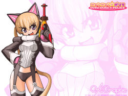 Rule 34 | 00s, 2002, animal ears, black panties, blonde hair, bodysuit, boots, cat ears, cat tail, character request, energy gun, fake animal ears, gagraphic, garter straps, gloves, gun, itokatsu, light brown hair, nyan nyan police, panties, purple eyes, ray gun, scanlines, short hair, shoulder pads, solo, tail, thigh boots, thighhighs, twintails, underwear, wallpaper, weapon, zoom layer