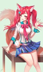 Rule 34 | 1girl, absurdres, academy ahri, ahri (league of legends), alternate hair color, animal ears, black thighhighs, facial mark, fox ears, fox tail, hair ornament, heart, heart hair ornament, highres, league of legends, lips, long hair, looking at viewer, nail polish, red hair, school uniform, sitting, skirt, solo, tail, thighhighs, twintails, whisker markings, yellow eyes