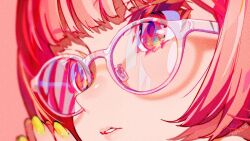 Rule 34 | 1girl, close-up, commentary request, glasses, hands up, looking away, mika pikazo, nail polish, original, parted lips, pink background, red eyes, red hair, simple background, solo, steepled fingers, transparent, yellow nails