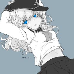 Rule 34 | 1girl, absurdres, anchor symbol, arms up, blue background, blue eyes, blush, breasts, commentary, dated, flat cap, greyscale, hair between eyes, hat, hibiki (kancolle), highres, kantai collection, long hair, long sleeves, looking at viewer, monochrome, neckerchief, parted lips, pleated skirt, sailor collar, school uniform, senoo arika, serafuku, simple background, skirt, small breasts, solo, spot color, upper body