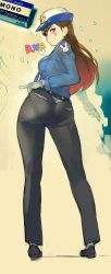 Rule 34 | 1girl, ass, belt, black pants, blue shirt, breasts, brown eyes, brown hair, character name, collared shirt, d.va (overwatch), eraser, facepaint, facial mark, female service cap, from behind, full body, gloves, hand on own hip, highres, long hair, looking at viewer, looking back, medium breasts, namaniku atk, necktie, officer d.va, official alternate costume, overwatch, overwatch 1, pants, pantylines, pocket, police, police uniform, shirt, smile, solo, standing, uniform, whisker markings, white gloves