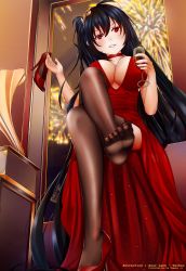 Rule 34 | 1girl, ahoge, artist name, azur lane, bare shoulders, black hair, blush, breasts, brown thighhighs, character name, choker, cleavage, cocktail dress, collarbone, crossed legs, cup, dress, feet, fireworks, glint, gold, grin, hair between eyes, hair ornament, high heels, highres, holding, holding cup, holding shoes, indoors, large breasts, long hair, looking at viewer, official alternate costume, pumps, red choker, red dress, red eyes, shoes, single shoe, smile, soles, solo, stiletto heels, taihou (azur lane), taihou (forbidden feast) (azur lane), thighhighs, tsurime, very long hair, window, yumeno s