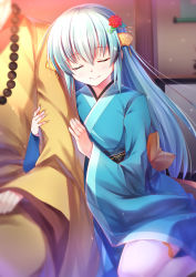 Rule 34 | 1boy, 1girl, alternate universe, ame wa a ga tsutano?, aqua hair, arm hug, blue kimono, blush, closed eyes, closed mouth, fate/grand order, fate (series), flower, hair between eyes, hair flower, hair ornament, highres, indoors, japanese clothes, kimono, kiyohime (fate), long hair, out of frame, red flower, sidelocks, sitting, smile, solo focus, thighhighs, white thighhighs