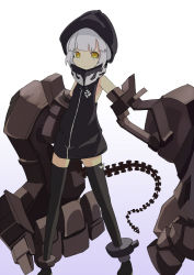 Rule 34 | 10s, 1girl, bad id, bad pixiv id, black rock shooter, headwear request, hizakozouzu, hood, looking at viewer, mechanical arms, short hair, simple background, single mechanical arm, solo, strength (black rock shooter), tail, thighhighs, white hair, yellow eyes
