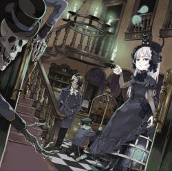 Rule 34 | 1girl, 2boys, animal, animal on head, bandage on face, bandages, black bow, black cat, black dress, black footwear, boots, bow, candelabra, candle, candlestand, cat, cat on head, checkered floor, clothes lift, dress, dress lift, dutch angle, ghost, goth fashion, gothic lolita, hairband, halloween, hat, holding, holding candle, hotel, kinono, lolita fashion, lolita hairband, long hair, multiple boys, on head, original, pale skin, puffy short sleeves, puffy sleeves, red eyes, short sleeves, skeleton, stairs, top hat, undead, white hair