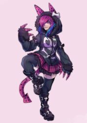 Rule 34 | 1girl, absurdres, animal ears, arm belt, belt boots, blue hair, boots, buckle, chain, collar, cross, fake animal ears, fake claws, fake tail, fur-trimmed hood, fur trim, guilty gear, hair over one eye, heart, heart print, highres, hood, hood up, hoodie, houndstooth, long sleeves, meishavo, multicolored hair, original, pink eyes, pink hair, pleated skirt, short hair with long locks, skirt, skull and crossbones, sleeves past fingers, sleeves past wrists, smile, solo, standing, standing on one leg, tail, thighhighs, torn clothes, torn skirt