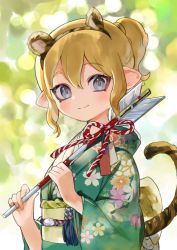 Rule 34 | 1girl, animal ears, arrow (projectile), blonde hair, blurry, blurry background, chinese zodiac, closed mouth, commentary, day, depth of field, fake animal ears, fake tail, floral print, green kimono, grey eyes, hamaya, holding, holding arrow, japanese clothes, kimono, long sleeves, looking at viewer, new year, nintendo, obi, octoling, octoling player character, outdoors, pointy ears, print kimono, sash, short hair, short ponytail, smile, solo, splatoon (series), standing, tail, tentacle hair, tiger ears, tiger tail, ume (plumblossom), upper body, wide sleeves, year of the tiger
