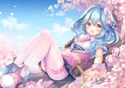Rule 34 | 1girl, ahoge, black skirt, blue hair, blue sky, blush, branch, breasts, bug, butterfly, character request, cherry blossoms, commentary request, copyright request, fingerless gloves, flower, full body, gloves, hair between eyes, hair flower, hair ornament, hairband, hand on own chest, highres, insect, jacket, legs, legs together, long hair, looking at viewer, lying, nail polish, necktie, on back, open clothes, open hand, open jacket, open mouth, pantyhose, pink eyes, pink necktie, pink pantyhose, pleated skirt, sakura moyon, shiny clothes, shoes, short sleeves, sidelocks, single glove, skirt, sky, small breasts, sneakers, solo, thighs, tree