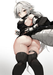 Rule 34 | 1girl, absurdres, ahoge, arknights, ass, bad id, bad twitter id, bare shoulders, black thighhighs, breasts, crocodilian tail, from behind, gloves, halterneck, highres, jacket, jacket partially removed, large tail, legs together, long hair, looking at viewer, looking back, medium breasts, molyb, pointy ears, sideboob, silver hair, skindentation, solo, tail, thick thighs, thighhighs, thighs, tomimi (arknights), torn clothes, torn thighhighs, white gloves, yellow eyes