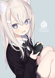 Rule 34 | 1girl, animal ear fluff, animal ears, black bow, black sweater, blonde hair, bow, capriccio, collared shirt, commentary request, controller, dress shirt, feet out of frame, game controller, grey background, grey skirt, hair ornament, hairclip, hands up, holding, knees up, long hair, looking at viewer, multicolored hair, open mouth, original, plaid, plaid skirt, pleated skirt, purple eyes, purple hair, school uniform, shirt, simple background, skirt, solo, streaked hair, sweater, tears, white shirt