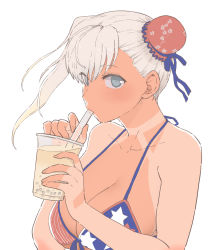 Rule 34 | 1girl, american flag bikini, asymmetrical hair, bare shoulders, bikini, blue eyes, breasts, bubble tea, bun cover, cleavage, collarbone, cup, disposable cup, drinking, drinking straw, fate/grand order, fate (series), flag print, hair bun, holding, holding cup, large breasts, long hair, looking at viewer, miyamoto musashi (fate), miyamoto musashi (fate/grand order), miyamoto musashi (swimsuit berserker) (fate), mo (kireinamo), pink hair, side bun, simple background, single hair bun, single side bun, swept bangs, swimsuit, tan, tanline, white background