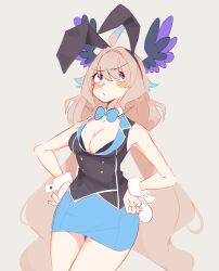 Rule 34 | 1girl, ahoge, animal ears, aqua nails, blue bow, blue bowtie, blush, bow, bowtie, breasts, cleavage, enna alouette, fake animal ears, fake tail, furrowed brow, grey background, hands on own hips, head wings, highres, light brown hair, long hair, looking to the side, looking up, low twintails, medium breasts, multicolored hair, nijisanji, nijisanji en, rabbit ears, rabbit tail, simple background, sketch, solo, tail, twintails, two-tone hair, unfamousradish, very long hair, virtual youtuber, wings, wrist cuffs
