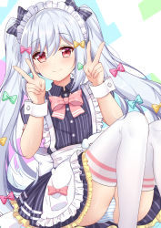 Rule 34 | 1boy, blush, bow, bowtie, closed mouth, collared dress, commentary request, double v, dress, eyelashes, hair bow, hands up, inuyama tamaki, kana (kuaua), long hair, looking at viewer, maid headdress, male focus, noripro, panties, pink bow, pink bowtie, red eyes, shiny skin, short sleeves, smile, solo, striped clothes, striped dress, striped panties, thighhighs, underwear, v, vertical-striped clothes, vertical-striped dress, virtual youtuber, white thighhighs, wrist cuffs