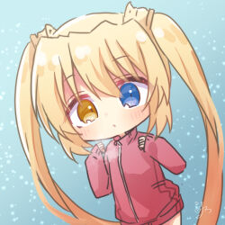 Rule 34 | 1girl, absurdres, blonde hair, blue eyes, blush, breath, chibi, clenched hands, commentary, hair between eyes, hands up, heterochromia, highres, jacket, blue background, long hair, looking at viewer, nakatsu shizuru, parted lips, pink jacket, rewrite, sidelocks, signature, simple background, sleeves past wrists, snowflakes, snowing, solo, track jacket, twintails, utuigawa, very long hair, yellow eyes