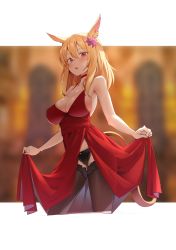 Rule 34 | 1girl, :o, animal ears, warrior of light (ff14), bare arms, bare shoulders, black panties, blonde hair, blurry, blurry background, blush, breasts, brown thighhighs, cat ears, cat girl, cat tail, choker, cleavage, clothes lift, commission, cropped legs, dress, dress lift, facial mark, final fantasy, final fantasy xiv, flower, hair flower, hair ornament, highres, k pring, large breasts, long hair, looking at viewer, miqo&#039;te, open mouth, panties, red dress, red eyes, sleeveless, sleeveless dress, slit pupils, solo, spaghetti strap, tail, thighhighs, underwear