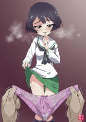 Rule 34 | 1boy, 1girl, absurdres, black hair, blush, breasts, brown eyes, clothes lift, collarbone, finger to mouth, girls und panzer, green skirt, highres, lifted by self, lingerie, looking at viewer, no panties, ooarai school uniform, open mouth, panties, unworn panties, pink panties, pleated skirt, pov, school uniform, shiny skin, short hair, simple background, skirt, skirt lift, small breasts, smile, underwear, utsugi yuuki, yamakake (tororo1293)