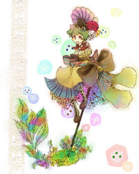 Rule 34 | 1girl, :d, blush, boots, bow, brown bow, brown footwear, buttons, colorful, cross-laced footwear, dress, feathers, female focus, flower, full body, green hair, hair flower, hair ornament, hat feather, knee boots, leaf, looking at viewer, nature, necktie, open mouth, original, short hair, short necktie, simple background, smile, solo, toratama kosuzu, white background, white necktie, yellow dress