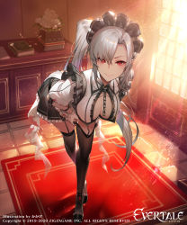 Rule 34 | 1girl, absurdres, bent over, book, breasts, chain, cleavage, collar, commentary request, copyright name, day, evertale, full body, highres, indoors, kakage, looking at viewer, maid, maid headdress, red eyes, side ponytail, smile, solo, standing, sunlight, thighhighs, white hair, window