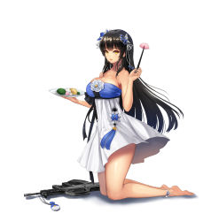 Rule 34 | 1girl, absurdres, ankle ribbon, artist request, assault rifle, bare legs, bare shoulders, barefoot, black hair, blue flower, blunt bangs, breasts, bullpup, butterfly hair ornament, chopsticks, cleavage, collarbone, detached sleeves, dress, flower, from side, full body, girls&#039; frontline, gun, hair flower, hair ornament, hair ribbon, hands up, highres, holding, holding chopsticks, holding plate, kneeling, large breasts, leg ribbon, lips, long hair, plate, qbz-95, ribbon, rifle, shiny skin, simple background, smile, solo, strapless, strapless dress, talisman, tassel, toes, type 95 (girls&#039; frontline), very long hair, weapon, white background, white dress, white flower, white ribbon, yellow eyes