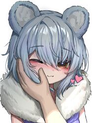 :3 animal_ears bear_ears blue_hair blush brown_eyes commission fur_collar fur_trim hand_on_another&#039;s_cheek hand_on_another&#039;s_face hand_on_another&#039;s_head heart highres icey_snowpaws indie_virtual_youtuber one_eye_closed pov pov_hands short_hair simple_background slepp solo_focus white_background