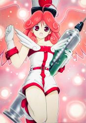 Rule 34 | 1girl, angel wings, artist request, bare shoulders, blush, duel monster, gloves, hat, heart, injection fairy lily, large syringe, long hair, nurse, nurse cap, oversized object, pink hair, red eyes, red hair, smile, solo, syringe, wings, yu-gi-oh!, yuu-gi-ou, yu-gi-oh! duel monsters