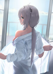 Rule 34 | 1girl, ahoge, alternate costume, animal ear piercing, balcony, black eyes, black nails, blue sky, blurry, blurry background, breasts, closed mouth, commentary, cowboy shot, day, dress shirt, from behind, grey hair, highres, hololive, long hair, looking at viewer, looking back, medium breasts, nail polish, naked shirt, off shoulder, open clothes, open shirt, open window, ponytail, see-through silhouette, shirt, shishiro botan, sky, solo, standing, torjun 111, virtual youtuber, white shirt, window