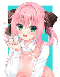 Rule 34 | 1girl, :d, bird, bird on hand, black bow, blush, border, bow, breasts, collared shirt, commentary, eyes visible through hair, green eyes, hair between eyes, hair bow, hair intakes, hand up, happy, heart, highres, huge breasts, light blue background, long sleeves, looking at viewer, medium hair, miyase mihiro, nanatsu (na na tsu), open mouth, pink hair, pink sweater, plaid, plaid bow, shirt, simple background, sleeveless, sleeveless sweater, smile, solo, sweater, tsurime, twintails, upper body, wagamama high spec, white border, white shirt